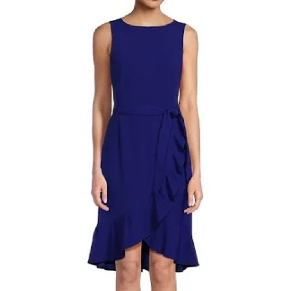 Calvin Klein Belted Ruffle Sheath Dress Blue